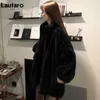 Lautaro Winter Black Ossized Fauxの毛皮のジャケットの女性長袖スタンド襟韓国のファッション到着レディース服211019