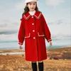 Ceket kızlar yünlü ceket moda çocukları dış giyim sonbahar kalın uzun kırmızı yaka işlemeli kenar kızlar için kış ceket