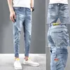 Ebaihui homens estilo empresarial primavera verão novo jeans para homens coreano na moda slim nove centavos calças lazer solto pequeno pés de cintura baixa macho preto calças azuis