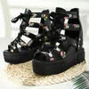 Sandaler Kvinnor Blomma Tryck Fritid Wedges High Heels Kvinnors Skor 2021 Sommarplattform Lace Up Casual Ladies Sandalias Mujer