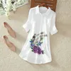 White Long Shirt Women Office Blouses Plus Size 5XL Casual Cotton Linen Vintage Embroidery Lapel Short Sleeve Ladies Summer Tops 210526