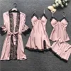 2020 Women Pajamas Sets Satin Sleepwear Silk 4 Pieces Nightwear Pyjama Spaghetti Strap Lace Sleep Lounge Pijama With Chest Pads X0526