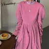 Yitimuceng Midi Sukienki Dla Kobiet Oversize Ruched Korean Moda Sukienka Office Lady Długi Rękaw Czarny Różowy Jesień Wiosna 210601