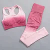 Женщины Бесшовные Yoga Outfits Фитнес Одежда Градиент Спорт БрА Тренажерный зал Костюмы Длинные Рукавы Урожай Лучшие Рубашки Высокая Талия Бедовольские Леггинсы Наборы тренировки