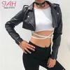 Iamty Noir PU Cuir Crop Veste Street Wear Punk Style Femmes Manteaux À Manches Longues Turn-Down Zipper Veste Courte De Mode 210722