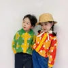 한국 스타일 소년과 소녀 싱글 브레스트 자카드 스웨터 어린이 턴 다운 칼라 캐주얼 니트 카디건 코트 210615
