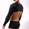 Man T Shirts Black Faux Leather Mesh Men Funny Crop Tops/Gay Sexy Nylon Spandex Long Sleeves Wrestling Shirts 210317