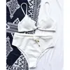 Women's Swimwear Ring Linked Ribbed Female Swimsuit Solid High Waist Bikini Set 2021 Women Two-pieces Tie Front Bather Bathing Suit