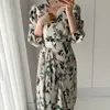 Chic Korean Elegant Retro Slim Lace Up Waist Puff Long Sleeve Irregular Floral Dress Women Mid Print Vestido Feminino Spring 210610