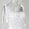 Случайные белые цветочные принты летнее пляжное платье бантом на плечо ruched высокая эластичная талия мини-вечеринка backload vestidos 210603