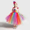 レインボースウィートキャンディーの妖精の女の子の誕生日衣装子供レインボーロリポップの花弓チュチュドレスとカーニバルパーティーのためのヘッドバンド210303