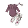 Zestawy odzieżowe 0-24m Baby Girl 3 szt. Urodzony Casual stroje żebrowane Rękaw Round Neck Playsuit Kwiat Druku Spodnie Pałąk
