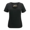 Sexy Low-Cut Solid T-shirt Vrouwen Holle Out Ketting Decor V-hals Korte Mouw Zomer Slanke Pullover Tops Casual Vrouwelijke Zwarte T-shirt 210526