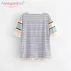 Aelegantmis Zomer Vrouwen Losse Korte Mouw Tshirt O Hals Gestreepte Kwastje Casual T-shirt Elegante High Street Ladies Tops 210607