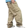 Plus Size Loose Baggy Cargo Pants Men Casual Outdoor Cotton with Big Pocket Straight Wide Leg Trousers Male Clothes 210715