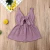 lioraitiin 5Colors 0-4Years Baby Girl Summer Dress Solid Sleeveless Bow V-Neck Dress Cotton Linen Button A-line Adorable Dresses Q0716