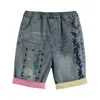 Kvinnor sommar mode vintage broderi rippad kontrast färg patchwork halv ärm hög midja denim casual kvinnlig chic shorts 210714