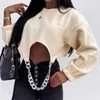 2020 Fashion High Street Clothing Metal Chain Irregular Cropped Tops Solid Round Collar Long Sleeve Loose Crop Top Female Fall X0628