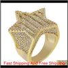 Iced Out Star Rings for Men Luxury Designer Mens Bling Diamond Stars Ring Copper Zircon 18K Gold Plated Wedding Engagement Rings 5239a