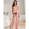 2 Piece Woman Pajamas Set Long Pants Silk Sexy Sleepwear Woman Pink Top Strap Sling Simple and Comfortable Summer Pyjama Q0706
