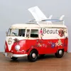 花のレトロな鉄バスのティッシュボックスモデル置物の車の工芸品の家の装飾アクセサリーリビングルームの装飾品211105