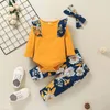 Barnkläder Ställer Tjejer Blommor Outfits Infant Toddler Ruffle Flying Sleeve Toppar + Blommor Leopard Skriv ut Byxor + Headband 3st / Set Fjäder Höst Barnkläder