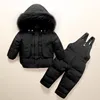 Coat Barnkläder Kids Down Jacka Baby Girl Boy Fur Hooded Parkas + Bib Byxor Jumpsuit Kläder Vinter Snowsuits