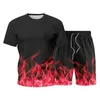 Zomer heren sets heren 2 stuk outfit zweetpakken mannen vlam 3D print T-shirt + shorts mannelijke sportkleding casual mode trainingspak 210603