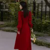 YOSIMI Mid-calf Women Dress Spring A-line Red Wine Square Collar Fit and Flare Long Sleeve Elegant Birthday for 210604