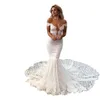 2022 Amazon Floral Lace Bröllopsklänning av axeln Mermaid Style Hollow Back knäppta Zipper Bridal Dresses Extra Small Långt tåg