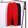 SURMIITRO Printemps Automne Mode Long Sarouel Femmes Rouge Noir Style Coréen Bouton Taille Haute Cheville Pantalon Femme 210712