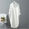 Casual Bureau Mesdames Chemises coréennes à manches longues Femmes Blouses Coton Linge de roulement Collier Tops Bleu Blanc Long Shirt 210225