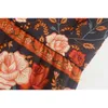 Bohemian Stream Flower Print Long Skirt Stitching Ruched Ruffle Hem Holiday Women Lacing up Stream Waist Swing Skirts Beach 210311