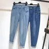 Sarouel jeans femme taille haute ample grande taille bleu poche cheville-longueur denim pantalon 6XL 210302