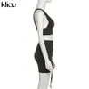 Kliou sólido vendaje Dstring conjunto de dos piezas para mujer moda SleevelV-cuello Sexy Top + vaina cinta Clubwear traje X0709