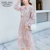 Vintage Bahar Zarif Kadınlar Elbise Uzun Flare Kol Ruffles A-line İmparatorluğu Yay Çiçek Baskı Şifon Elbise Bayanlar 8550 50 210527