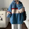 Koreanische Version Stil Mode Fleece Hoodies Frauen Patchwork Streifen Mit Kapuze Sweatshirts Paare Lose Mäntel Casual Tops Pullover 210930