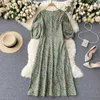 Women's Vintage Floral Print Dress Short Puff Sleeve O-neck Summer Simple Style Korean Fashion Loose Vestidos 210603