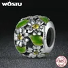 WOSTU New Arrival 925 Sterling Silver Daisy Flower Leaves Charm Beads fit Charm Bracelet DIY Jewelry Making DXC490 Q0531