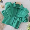 LY VAREY LIN Summer Elegant Vintage Office Lady White Green Tops Shirts Women Casual Turn-down Collar Puff Sleeve Short 210526