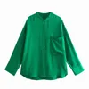 Xeasy Yaz Kadın Vintage İki Parçalı Set Yeşil Gevşek Yuvarlak Boyun Gömlek Elastik Yüksek Bel Rahat Pantolon Pantolon 211105