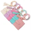 Silicone Bead Bracelet Favor Leopard Card Bag Wood Beaded PU Leather Tassel Keychain Portable Ladies Wallet with Snap DHL
