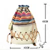 Oryginalny etniczny płótno worek pakiet pani bawełna drukowana kolorowy plecak nastoletnie sznurek słomy Wykonaj torbę paski Q0528