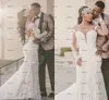 Romantic Off The Shoulder Mermaid Wedding Dresses Illusion Back African Nigerian Long Sleeve Appliques Lace Bridal Wedding Dress