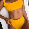 High Waist Bathing Suits Push Up Sexy Yellow Swimsuit Women Sport Crop Bikini Sets Woman Beach Swimwear Brazilian Clothes 210702