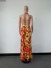 Nya kvinnor Summer Sunflower Print Hatler Neck Hleeveless Big Swing Maxi Dress Vintage Fashion Long Dresses Vestido GLSMN3087 210302