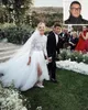 Gorgeous Lace Wedding Dresses Bridal Gown With 3/4 Long Sleeves High Neck Side Slit Tulle Sweep Train A Line Custom Made Plus Size Vestidos De Novia 403