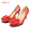 Apixta Bling Crystals Bow Flowers Switked Toe Red High Heels Women Patent Leather Butterfly-Knot Pompy Duży Rozmiar 45 46 47 48 K731