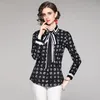 2023 Designer Printed Black Shirts Long Sleeve Women Runway Button Shirt Office Ladies Ribbon Bow Blouses Spring Summer Autumn Winter Slim Fit Stylish Tops