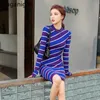 Striped Women Bodycon Dress Autumn Winter Long Sleeve Irregular Stretchy Vestidos Lady Korean Dresses Drop 210601